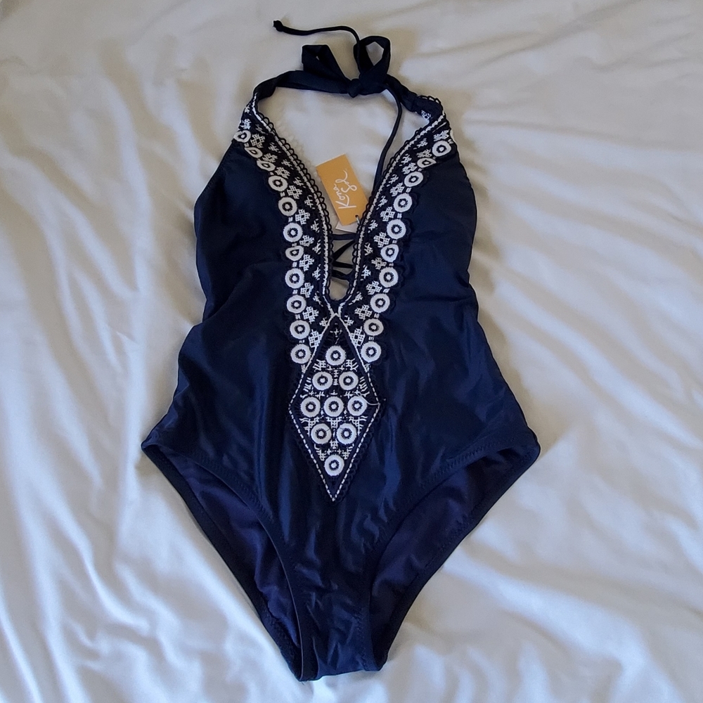 Kona Sol embroidered Navy Blue One Piece Swimsuit Size medium NWT